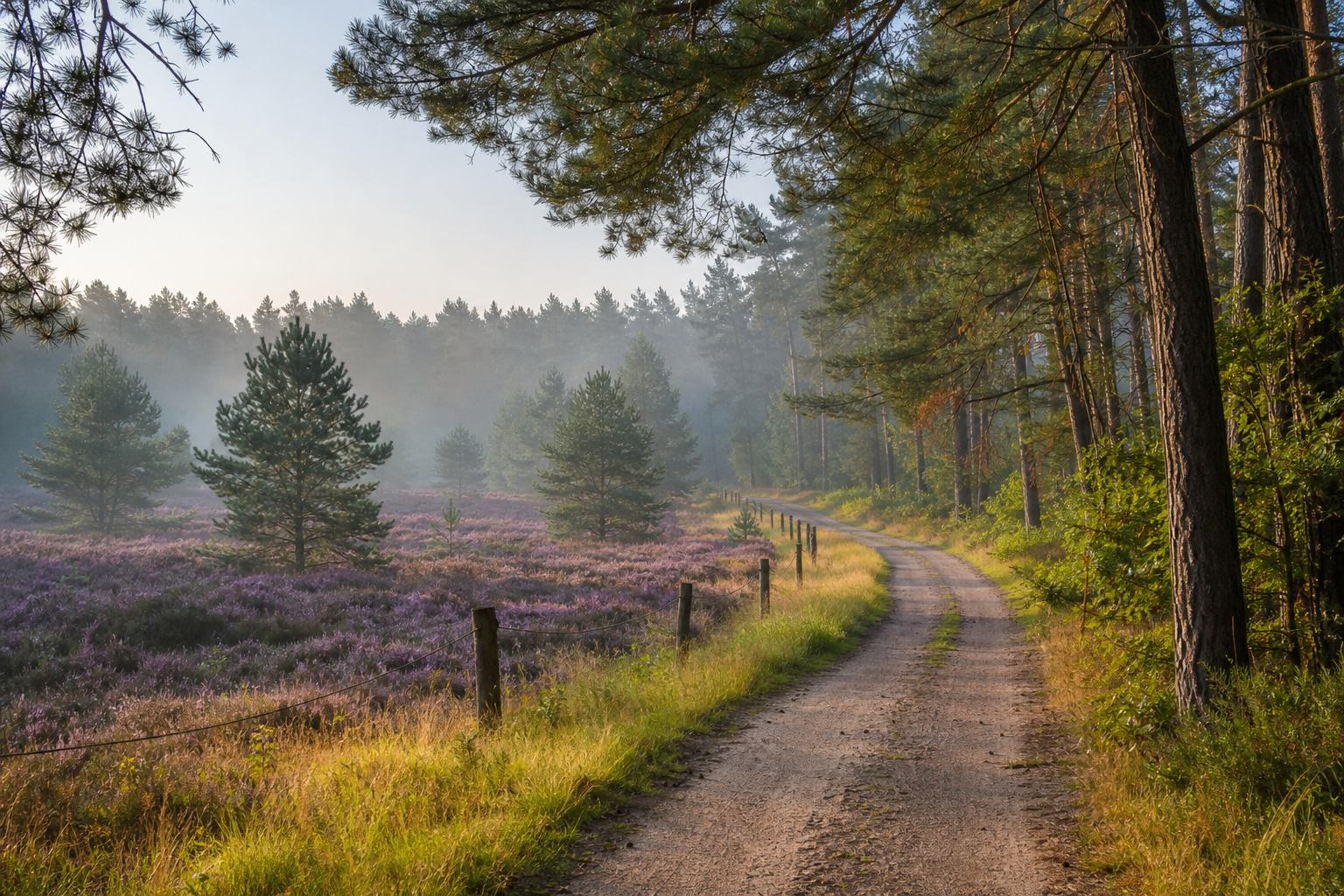 Fahrradweg durch Heide und Kiefern